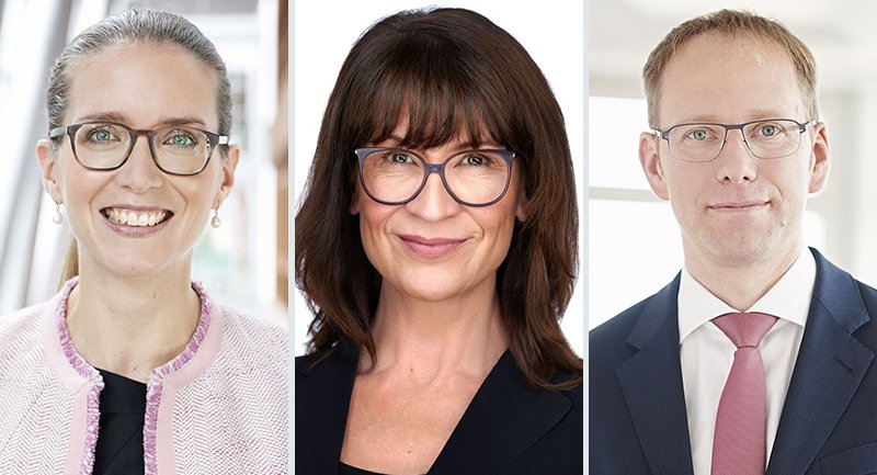 Laura Gersch (l.) wechselt von der Leben- zur Sachtochter der Allianz und übernimmt dort als Vorständin das Finanzessort. Ihre Nachfolgerin im Ressort Firmenkunden wird Heinke Conrads (M.). Neuer Finanzvorstand bei der Allianz Leben wird Martin Riesner. (Foto: Allianz, Christian Kaufmann (2))