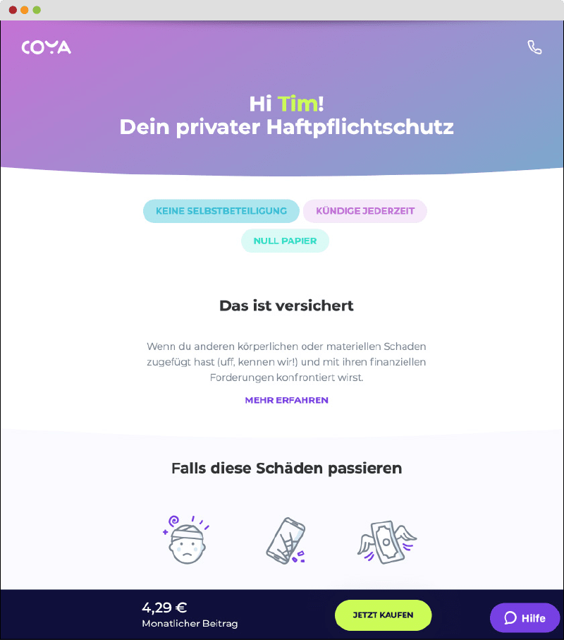 Bei Coya wird der Kunde selbstverständlich mit Du angesprochen. Er hat über das Dashboard Zugriff auf sein Produkt und die Services, natürlich auch mobil. (Quelle: Coya AG)