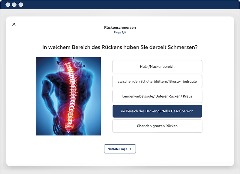 Mit sechs Fragen dem Schmerz auf der Spur: Wer „Rücken hat“ bekommt bequem zu Hause per Schnelltest eine erste Einschätzung und einen Trainingsplan. (Quelle: Allianz)