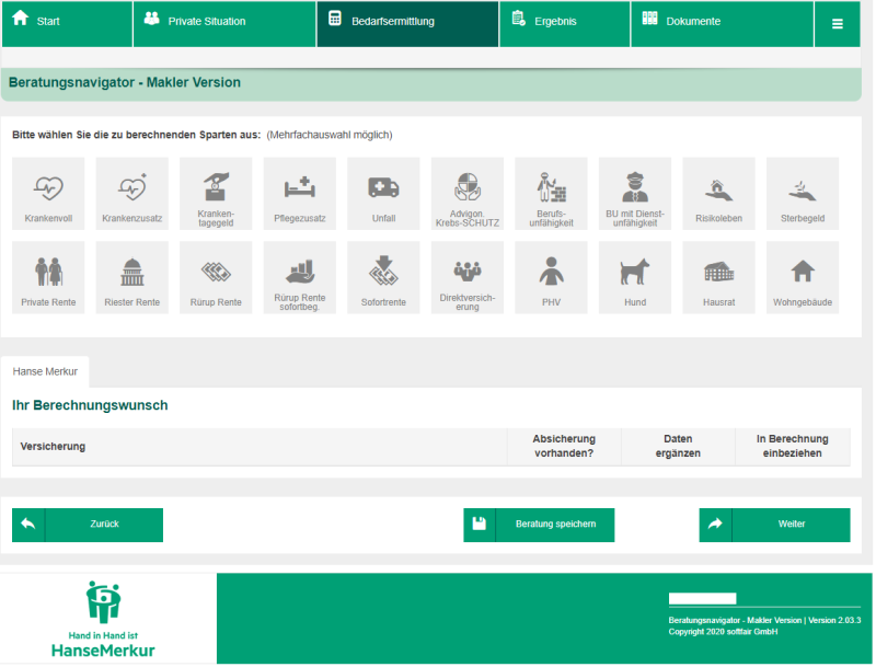 So sieht der „Beratungsnavigator“ auf dem Bildschirm aus. (Quelle: HanseMerkur)